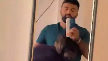 Hot wife boob sucking by husband in front of mirror