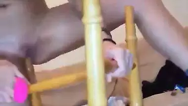 Crazy girl uses chair leg as a sex toy to fuck her pussy